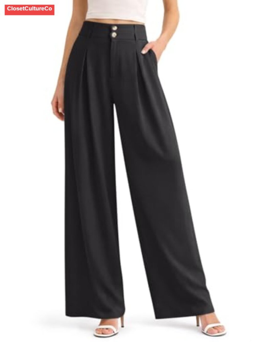 Wide Leg High Waisted Pleated Dress Pants Work Trousers with Pockets